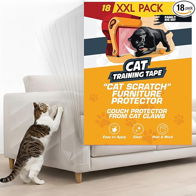 18 Pack Cat Scratch Furniture Protector Tape Sheets – Double-Sided Sticky Training (8 XL, 8 Large, 2 Medium) – Anti-Scratch Couch & Sofa Guard – Clear – Not for Leather, Velvet, Microfiber