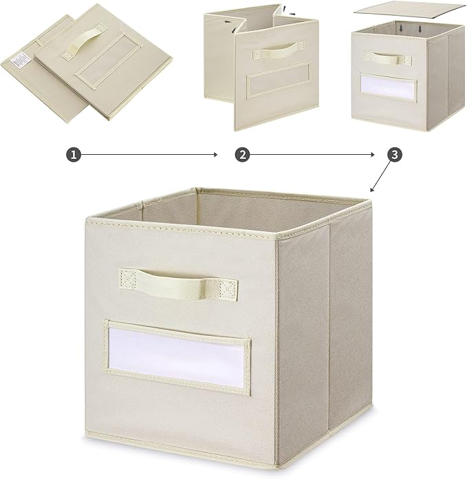 11 Inch Storage Cube,Storage bin (Set of 10) Foldable Fabric Cube Storage Bins with 10 Labels Window Cards & a Pen,Baskets Containers for Shelves,Closet Organizers Box,cube storage,Beige