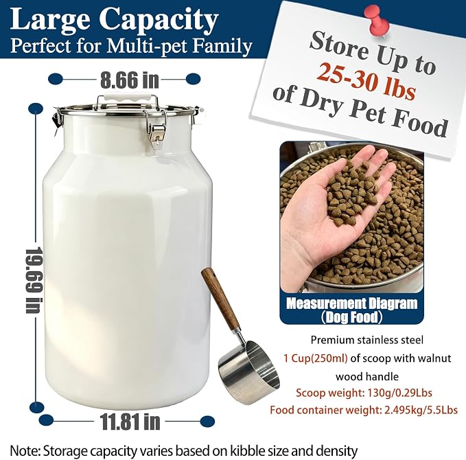 25 Lbs Stainless Steel Dog Food Storage Container with Scoop, Large Metal Dog Food Bin with Airtight Lid & Locking Clamp, Pet Treat Jars for Dogs & Cats, Keep Fresh, White
