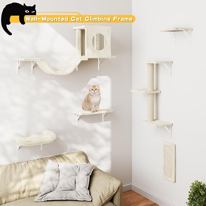 12-in-1 Cat Wall Shelves, Luxury Wall-Mounted Cat Climber Set | with Condos House, Scratching Post, Bridge Ladder, Indoor Space-Saving Furniture for Kittens, Beige
