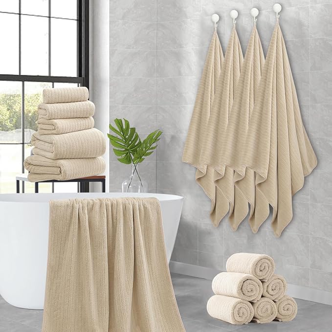18 Piece Family Bath Towel Set Include 6 Bath Towels,6 Hand Towels and 6 Washcloths Soft Bathroom Towel with Hanging Loops,Highly Absorbent Quick Dry Towels Set for Bathroom,Hotel and Spa-Beige