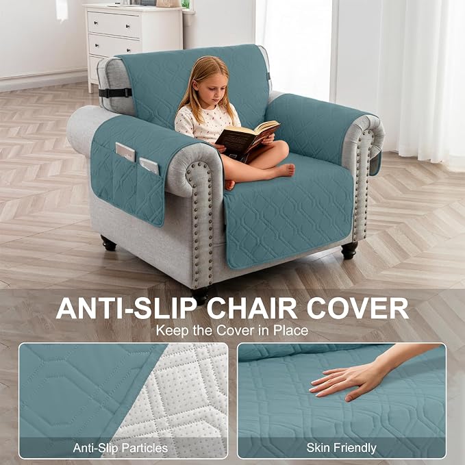 100% Waterproof Quilted Couch Cover,Straps&Pockets,23" Grayishblue | Washable sofa cover, pet-friendly, scratch-resistant furniture protector, quilted sofa cover, reversible, non-slip backing.