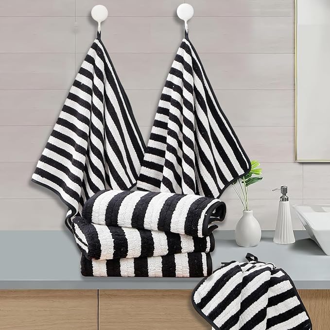 18-Piece Microfiber Bath Towels Set - 6 Bath Sheet, 6 Hand Towels, 6 Washcloths, Soft, Highly Absorbent Bathroom Towel, Quick Dry & Less Lint Shower towel for Bathroom, Hotel, Spa, Dorm-Black White