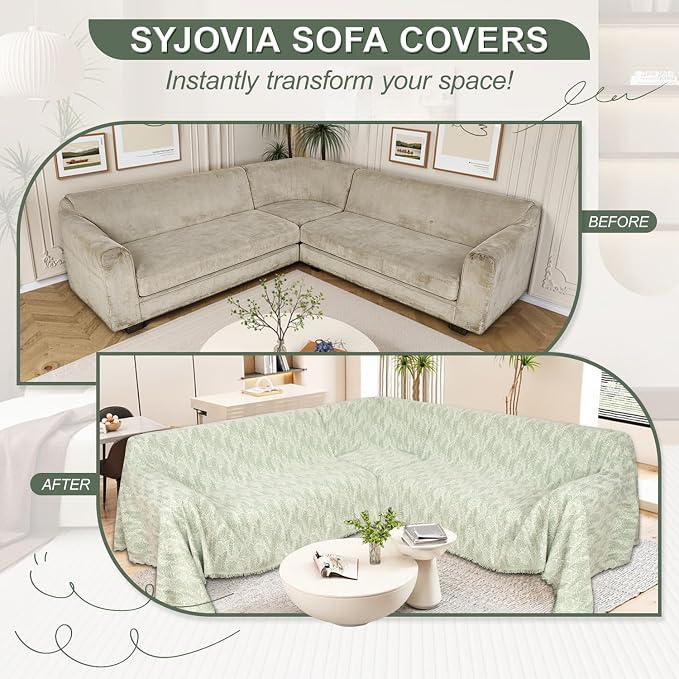 1OO% Waterproof Sectional Couch Covers for Dogs L Shaped Corner Sofa Cover Washable Chenille Sofa Slipcovers Blanket Modern Jacquard Pet Furniture Protector (91"x276", Green Wave)