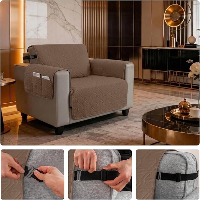 100% Waterproof Quilted Couch Cover,Straps&Pockets,23" Darkbrown | Washable sofa cover, pet-friendly, scratch-resistant furniture protector, quilted sofa cover, reversible, non-slip backing.