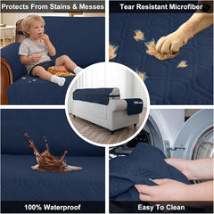 100% Waterproof Quilted Couch Cover,Straps&Pockets,23" Navyblue | Washable sofa cover, pet-friendly, scratch-resistant furniture protector, quilted sofa cover, reversible, non-slip backing.