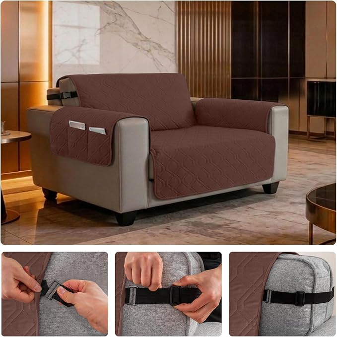 100% Waterproof Couch Cover,Straps&Pockets,pet Friendly,46" Coffee | Washable sofa cover, pet-friendly, scratch-resistant furniture protector, quilted sofa cover, reversible, non-slip backing.