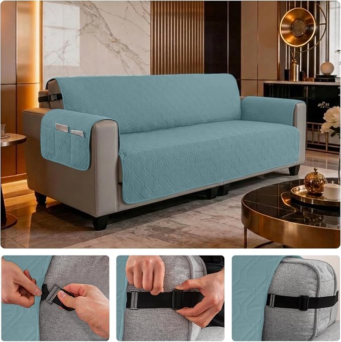 100% Waterproof Quilted Couch Cover,Straps&Pockets,78" Grayishblue | Washable sofa cover, pet-friendly, scratch-resistant furniture protector, quilted sofa cover, reversible, non-slip backing.