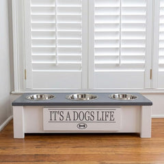 3 Bowl Dog Feeding Station, Personalized Triple Bowl Food Stand Small Dogs | Farmhouse Style, Elevated Wood Stand, Storage Container, Stainless Steel Bowls, Raised Feeder, Small Breed, Made in USA