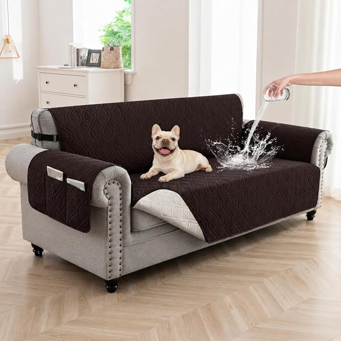 100% Waterproof Quilted Couch Cover,Straps&Pockets,68" Chocolate | Washable sofa cover, pet-friendly, scratch-resistant furniture protector, quilted sofa cover, reversible, non-slip backing.