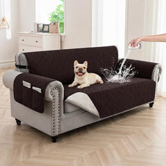 100% Waterproof Quilted Couch Cover,Straps&Pockets,68" Chocolate | Washable sofa cover, pet-friendly, scratch-resistant furniture protector, quilted sofa cover, reversible, non-slip backing.