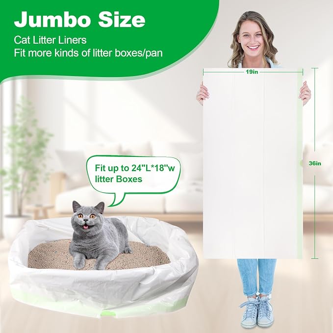 100 PCS Jumbo Cat Litter Box Liners for Large Litter Tray, 36"x19" | 3MIL Extra Thick, Heavy Duty, Tear & Leak Resistant, Drawstring Close