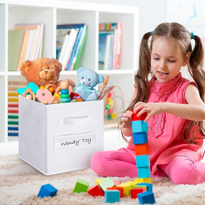 13x13x13 storage cube bins (Set of 10) Fabric storage cubes with 10 Labels Window Cards & a Pen, storage cubes 13x13, Collapsible 13 inch cube storage bins, Cubby Organizer Boxes, White