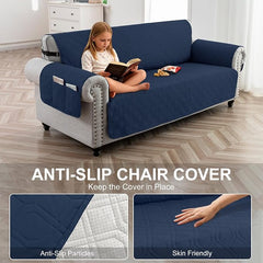 100% Waterproof Quilted Couch Cover,Straps&Pockets,68" Navyblue | Washable sofa cover, pet-friendly, scratch-resistant furniture protector, quilted sofa cover, reversible, non-slip backing.