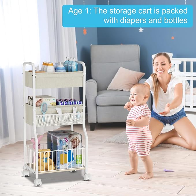 3-tier Baby Diaper Caddy Organizer and Storage Cart with 4+3 Dividers, Metal Utility Cart with Lockable Wheels for Nursery, Bedroom, Bathroom, White