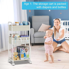 3-tier Baby Diaper Caddy Organizer and Storage Cart with 4+3 Dividers, Metal Utility Cart with Lockable Wheels for Nursery, Bedroom, Bathroom, White