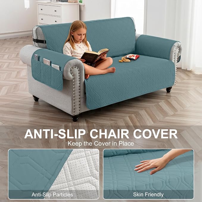 100% Waterproof Quilted Couch Cover,Straps&Pockets,46" Grayishblue | Washable sofa cover, pet-friendly, scratch-resistant furniture protector, quilted sofa cover, reversible, non-slip backing.