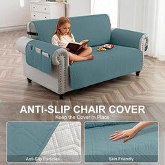 100% Waterproof Quilted Couch Cover,Straps&Pockets,46" Grayishblue | Washable sofa cover, pet-friendly, scratch-resistant furniture protector, quilted sofa cover, reversible, non-slip backing.