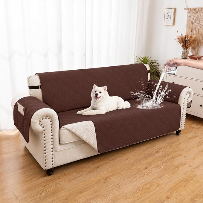 100% Waterproof Couch Cover for Dogs, Washable Anti-Slip Sofa Cover with Elastic Straps & Side Pockets, Quilted Furniture Protector for Kids & Pets (3 Cushion 68", Coffee)