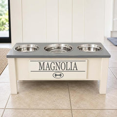 3 Bowl Dog Feeding Station, Personalized Triple Bowl Food Stand Large Dogs | Farmhouse Style, Elevated Wood Stand, Storage Container, Stainless Steel Bowls, Raised Feeder, Large Breed, Made in USA