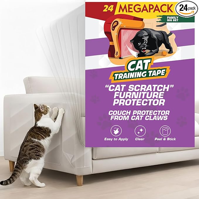 24 Pack Cat Scratch Furniture Protector Tape Sheets – Double-Sided Sticky Training (10 XL, 10 Large, 4 Medium) – Anti-Scratch Couch & Sofa Guard – Clear – Not for Leather, Velvet, Microfiber