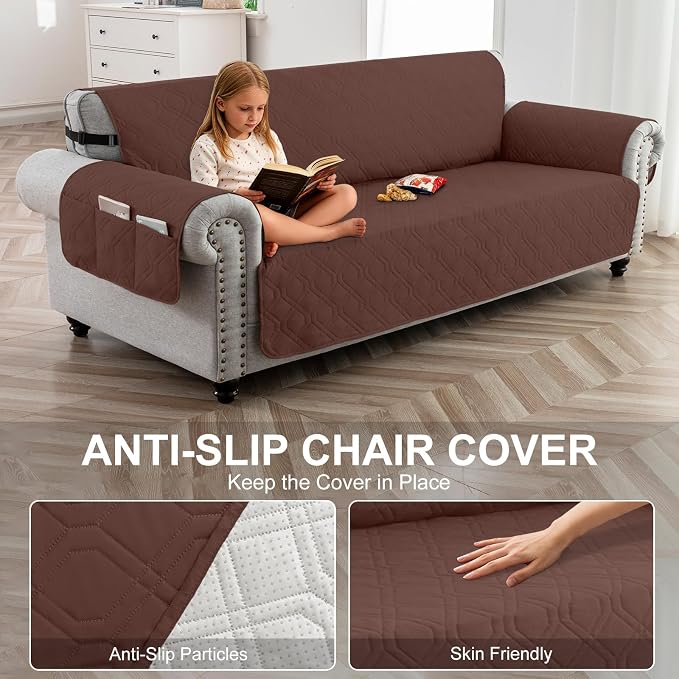 100% Waterproof Couch Cover,Straps&Pockets,pet Friendly,78" Coffee | Washable sofa cover, pet-friendly, scratch-resistant furniture protector, quilted sofa cover, reversible, non-slip backing.