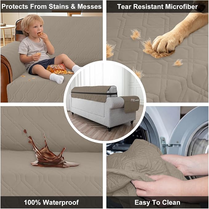100% Waterproof Couch Cover,Straps&Pockets,pet Friendly,46" Camel | Washable sofa cover, pet-friendly, scratch-resistant furniture protector, quilted sofa cover, reversible, non-slip backing.