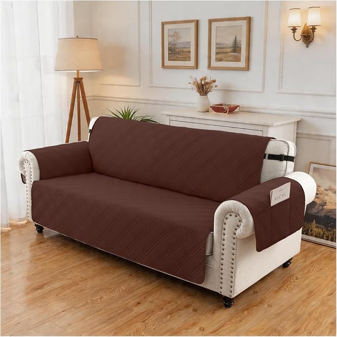 100% Waterproof Couch Cover for Dogs, Washable Anti-Slip Sofa Cover with Elastic Straps & Side Pockets, Quilted Furniture Protector for Kids & Pets (3 Cushion 68", Coffee)