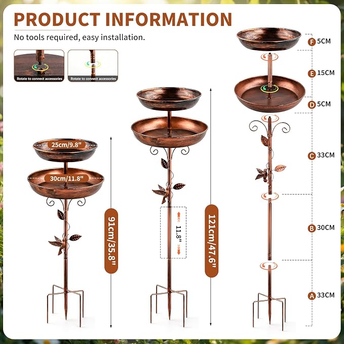 2-in-1 Tall Bird Bath and Feeder for Outdoors, 47" Adjustable Metal Standing Birdfeeder with 5-Prong Base, Antique Copper Finish Rustproof Water Bowl & Seed Tray Station for Garden Yard Patio Decor