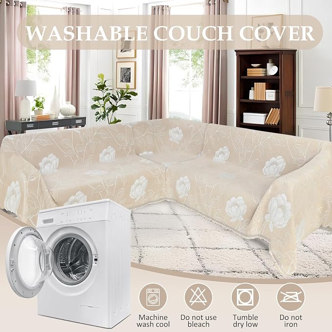 1OO% Waterproof Sectional Couch Covers for Dogs L Shaped Corner Sofa Cover Washable Chenille Sofa Slipcovers Blanket Modern Jacquard Pet Furniture Protector (91"x276", Beige Flower)