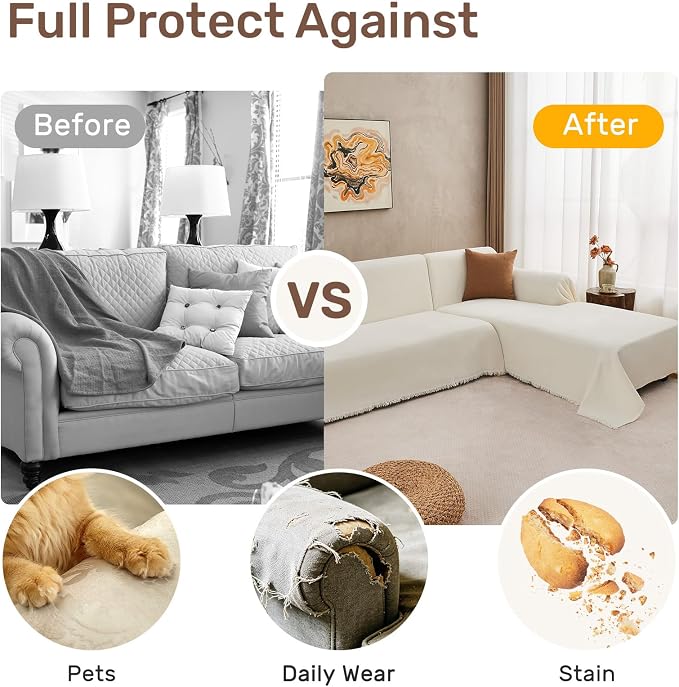2 Pieces Sectional Couch Covers L Shaped Cover XXXL Cream White | Thick Washable Fabric for L Shaped Sectional Sofa, Anti-Pet Hair, Stain & Wear Resistant, Easy Care & Installation
