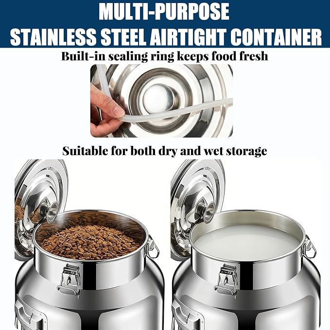 25 Lbs Stainless Steel Dog Food Storage Container with Scoop, Large Metal Dog Food Bin with Airtight Lid & Locking Clamp, Pet Food Container for Dogs & Cats, Keep Fresh, Easy to Clean