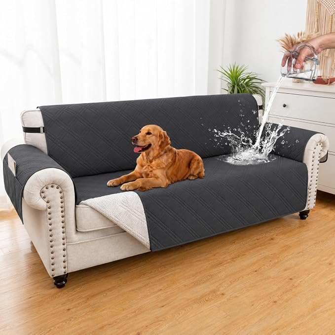 100% Waterproof Couch Cover for Dogs, Washable Anti-Slip Sofa Cover with Elastic Straps & Side Pockets, Quilted Furniture Protector for Kids & Pets (Oversize Sofa 78", Blackishgray)