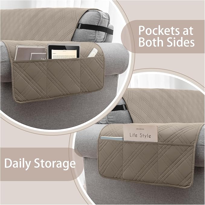 100% Waterproof Couch Cover for Dogs, Anti-Slip Washable Sofa Cover with Elastic Straps & Side Pockets, Durable Furniture Protector for Kids & Pets (Loveseat 46", Camel)
