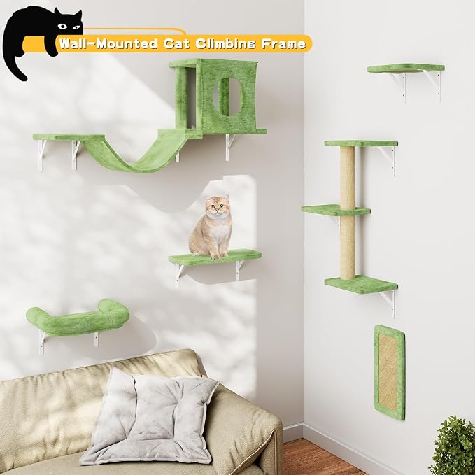 12-in-1 Cat Wall Shelves, Luxury Wall-Mounted Cat Climber Set | with Condos House, Scratching Post, Bridge Ladder, Indoor Space-Saving Furniture for Kittens, Green