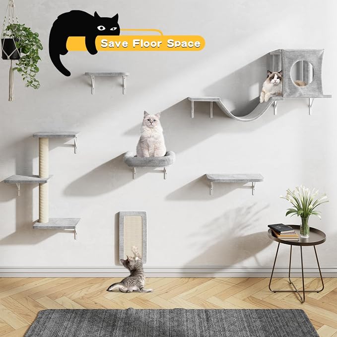 12-in-1 Cat Wall Shelves, Luxury Wall-Mounted Cat Climber Set | with Condos House, Scratching Post, Bridge Ladder, Indoor Space-Saving Furniture for Kittens .Gray