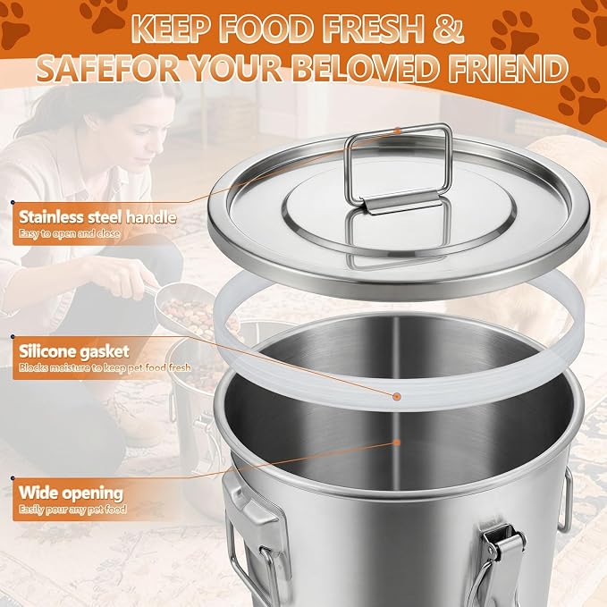 20LB Stainless Steel Dog Food Storage Container with Lid & Scoop, Large Dog Food Storage Container for Dry Pet Food, Metal Dog Food Container, Pet Food Storage Container for Kibble