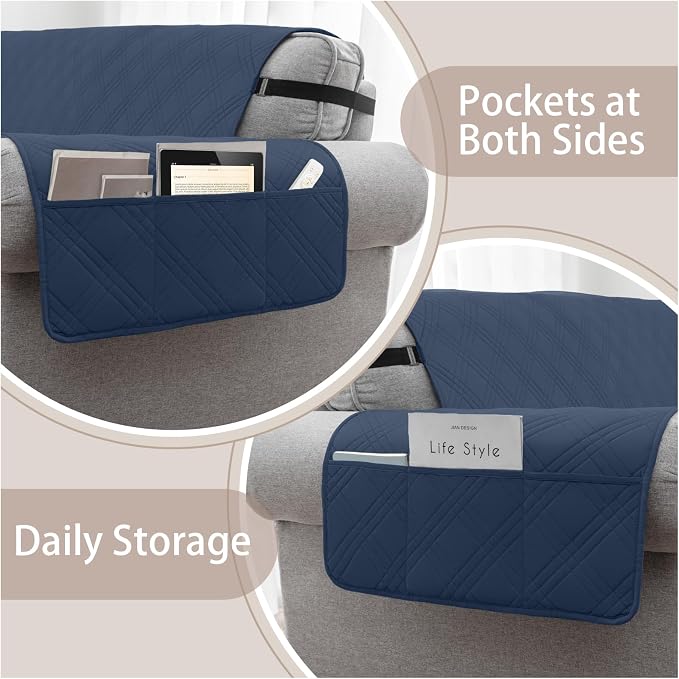 100% Waterproof Couch Cover for Dogs, Anti-Slip Washable Sofa Cover with Elastic Straps & Side Pockets, Durable Furniture Protector for Kids & Pets (Loveseat 46", Navyblue)