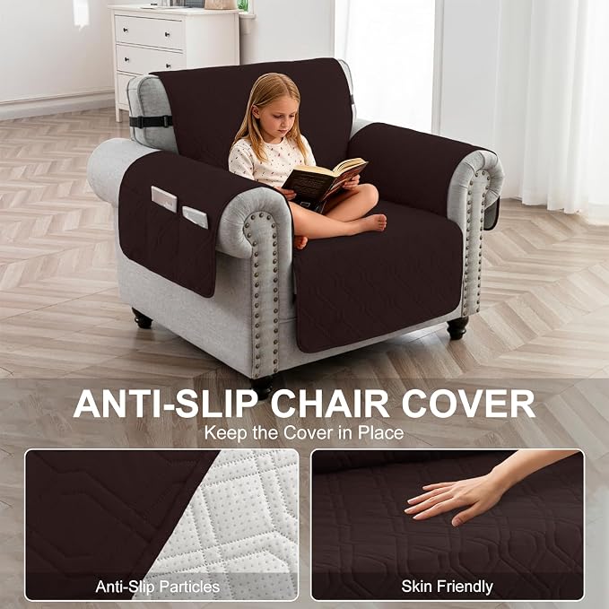 100% Waterproof Quilted Couch Cover,Straps&Pockets,23" Chocolate | Washable sofa cover, pet-friendly, scratch-resistant furniture protector, quilted sofa cover, reversible, non-slip backing.