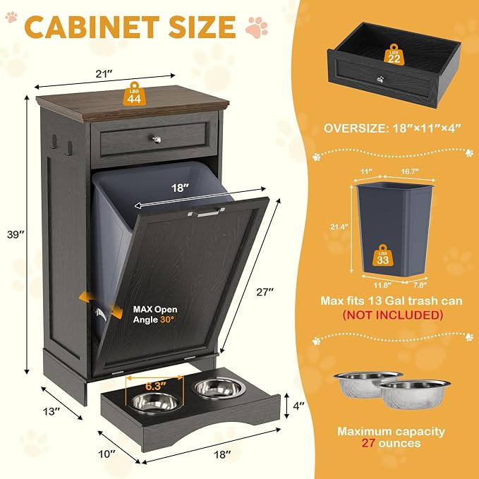 21''W Dog Feeding Station with Storage, Tilt Out Dog Food Cabinet with Drawer, 2 Feeding Bowls, Pet Food Storage, Cat Feeding Station, Dogs Storage Organizer, (Black, Single Door)