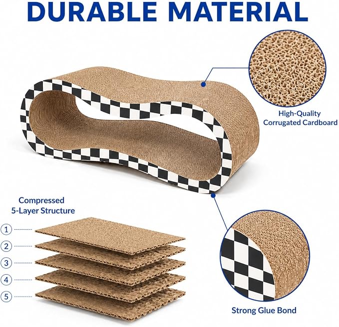 2 in 1 Large Cardboard Cat Scratcher Lounger, Cat Scratching Board for Indoor Cats, 100% Recyclable & Reversible Horizontal Scratching Pads Prevents Furniture Damage, Checkerboard