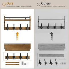 29 inch Coat Rack Wall Mount with Shelf, Entryway Wall Shelf with Hooks, Heavy Duty Coat Hanger Wall Mount with Key Holders and Mail Organizer for Living Room, Bedroom, Brown