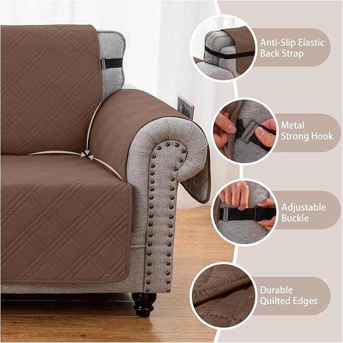 100% Waterproof Couch Cover for Dogs, Washable Anti-Slip Sofa Cover with Elastic Straps & Side Pockets, Quilted Furniture Protector for Kids & Pets (Oversize Sofa 78", Darkbrown)