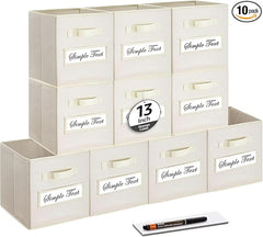 13x13x13 storage cube bins (Set of 10) Fabric storage cubes with 10 Labels Window Cards & a Pen, storage cubes 13x13, Collapsible 13 inch cube storage bins, Cubby Organizer Boxes, Beige