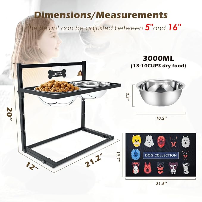 - Elevated Dog Bowls for Extra Large Dogs with Mat,Raised Dog Bowl Stand for Large Breed Adjusable Height Dog Feeder with Two 3L() Stainless Steel Dog Food Bowls