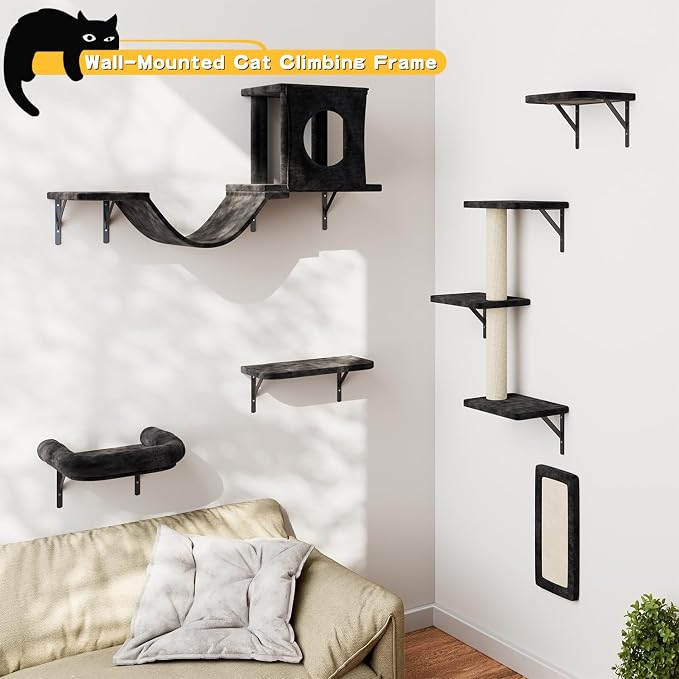 12-in-1 Cat Wall Shelves, Luxury Wall-Mounted Cat Climber Set | with Condos House, Scratching Post, Bridge Ladder, Indoor Space-Saving Furniture for Kittens, Black