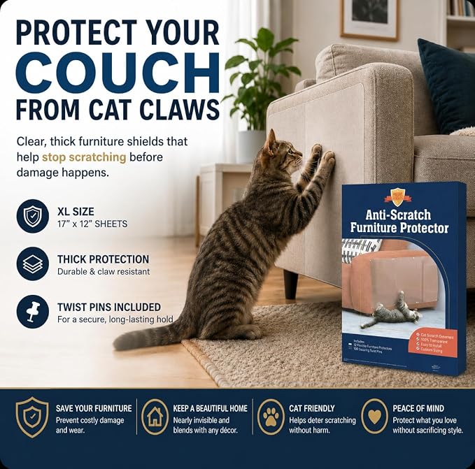 12 Pack XL Anti Cat Scratch Furniture Protector - Couch Protector from Cat Claws w/Twist Pins, Clear, Easy-to-Apply Scratching Deterrent and Shield for Sofa (Not for Leather, Velvet, Microfiber)
