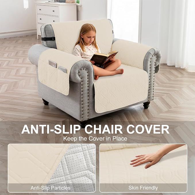 100% Waterproof Couch Cover, Straps&Pockets,pet Friendly,23" Beige | Washable sofa cover, pet-friendly, scratch-resistant furniture protector, quilted sofa cover, reversible, non-slip backing.