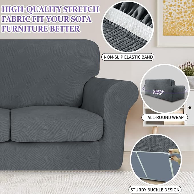 2025 Striped XL-Sofa Covers 4 Piece, Stretch Couch Covers for Extra Large Sofa, Anti Slip Oversized Slipcovers with Bottom Ties, Thick Durable Washable, Soft Cozy Protector (71"-91", Dark Grey)