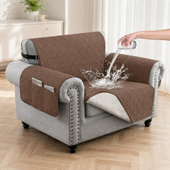 100% Waterproof Quilted Couch Cover,Straps&Pockets,23" Darkbrown | Washable sofa cover, pet-friendly, scratch-resistant furniture protector, quilted sofa cover, reversible, non-slip backing.